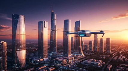 Drone flying through a modern cityscape with tall skyscrapers at sunset, high technology and urban surveillance concept. Future innovation footage. - Powered by Adobe