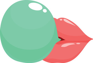 Red lips blowing a big turquoise bubblegum bubble isolated on white background