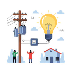 Illustrating the electrical grid connecting power lines and a house with a lightbulb representing energy use.