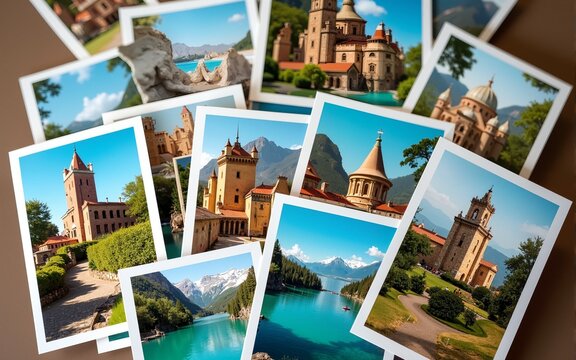 Pile of colourful holiday postacards and photos from beautiful touristic places in Europe, vintage travel concept, summer vacation background. High quality