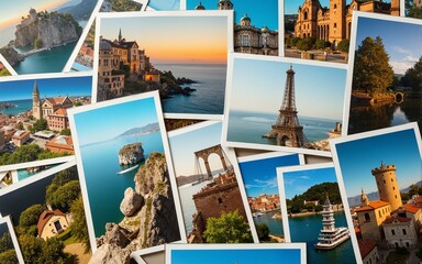 Pile of colourful holiday postacards and photos from beautiful touristic places in Europe, vintage travel concept, summer vacation background. High quality
