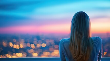 State A woman in deep thought, standing at a window and gazing at the cityscape.