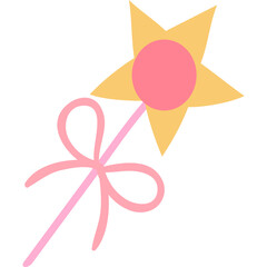 Pink and Yellow Star Wand with Pink Bow and Circle Center on a Transparent Background Minimalist Icon Style Vector Graphic