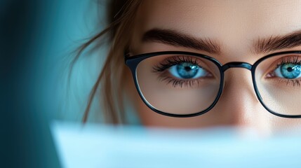 Expression Close up of a woman s face showing deep concentration while reading a document.