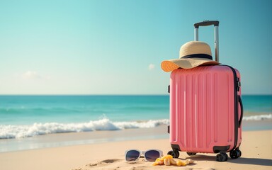 Suitcase and accessories for travel vacation on the sand. High quality