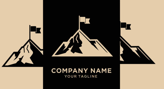 Mountain peak with a flag logo design for business success and achievement.