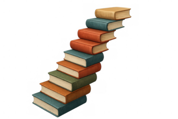 Books stacked like stairs, symbolizing the journey of education, progress, and achieving personal or academic goals