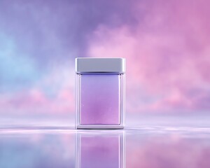 Glossy cosmetic container glowing over vivid soft abstract dreamscape