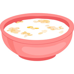 Pink bowl of cereal with milk and oats isolated on white background illustration