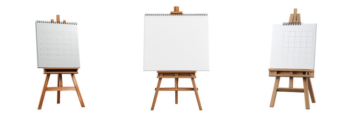 Set of A clean wooden easel holding a blank whiteboard on transparent png background. Ai generated