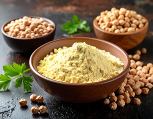 Three wooden bowls showcasing chickpeas, with one containing yellow powder, surrounded by whole grains and green herbs