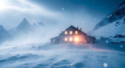 A cozy remote mountain cabin glows warmly amidst a dramatic winter blizzard, offering refuge in a snowy, wild landscape at night.