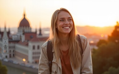 Fototapeta premium A happy young woman enjoying her trip to the Castle of Budapest in Hungary on the view point from Fisherman Bastion on sunrise. High quality