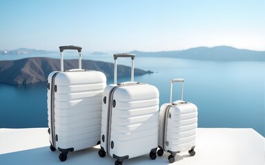 white suitcases by sea travel luggage vacation destination summer holidays luxury resort coastal getaway Greece Santorini tourism trip planner scenic landscape mediterranean sea vacation rentals lugga