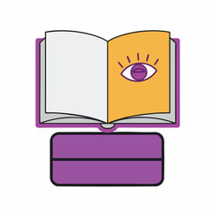 An open book with a purple eye on one page sits on a stand.