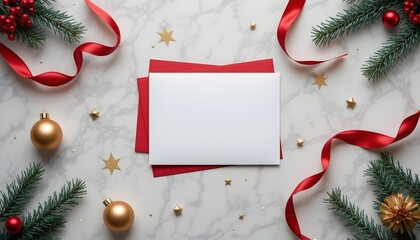 Festive Greeting Card: A vibrant, top-down shot showcases a blank greeting card, surrounded by holiday elements &ndash; twinkling ornaments, festive red ribbon, and evergreen branches.