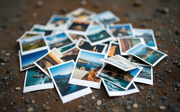 A heap of printed travel photographs strewn on the ground, echoing memories and the wanderlust spirit. Lost or forgotten memories concept. High quality