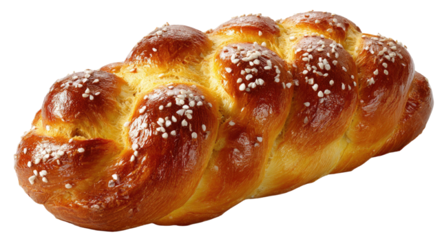 Challah bread loaf with golden braided crust showing traditional Jewish bakery food made from egg dough isolated on white background