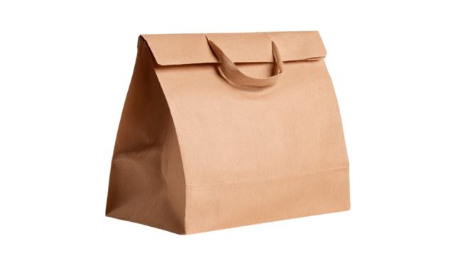 Brown paper lunch bag standing upright made of recycled material for food packaging or takeaway meal isolated on white background