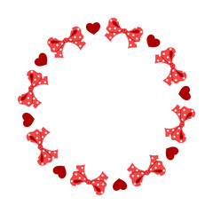 Coquette Bows and Hearts Frame. Cute Round Border with Polka Dot Red Ribbons and Love symbols. Girlish circle wreath for Valentines day cards and Wedding invitations. Vector illustration