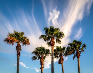 Fototapeta premium Five palm trees silhouetted against a vibrant sky with wispy, swirling clouds, creating a dynamic and peaceful scene