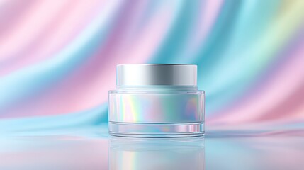 Glossy iridescent cream jar glowing atop vibrant swirled pastel abstract backdrop