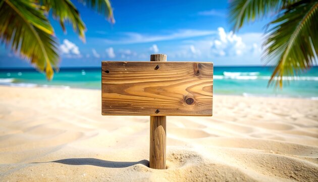 A wooden sign stands on a sandy beach, palm trees frame the view of turquoise water and a clear, blue sky