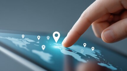 Close-Up of Finger Touching Tablet Screen with Location Markers on World Map for Navigation and Travel Planning
