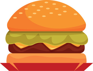 Cartoon style burger with melted cheese, beef patty, fresh lettuce, and sesame seed bun, served on a red tray, representing fast food and american cuisine