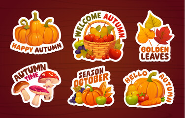 Thanksgiving holiday vector stickers pack or autumn gift tags and product labels with orange pumpkins. Harvest vegetables, juicy fruits anf forest mushrooms with fall quotes for Thanksgiving stickers