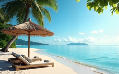 Serenity beach background, luxury beach canopy and travel or summer vacation concept. Luxury beach scene. Summer vacation and holiday concept. High quality