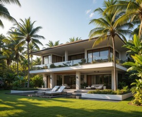 Fototapeta premium Modern Tropical Villa Surrounded by Palm Trees