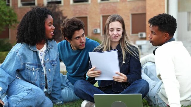 Diverse group of students studying together on campus lawn