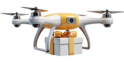 Drone delivery carrying package through air showing modern technology and fast shipping innovation isolated on white background