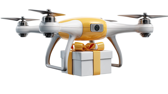 Drone delivery carrying package through air showing modern technology and fast shipping innovation isolated on white background