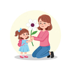 A young girl presents a large white flower to her mother who is kneeling.