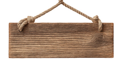 Fototapeta premium Empty wooden sign hanging with rope showing rustic texture and natural brown wood surface isolated on white background