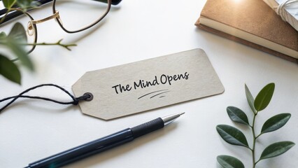 A tag with the phrase The Mind Opens on a white desk