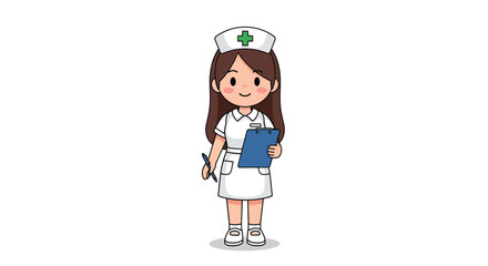 Fototapeta premium Cartoon Nurse Character Holding Clipboard and Stethoscope.