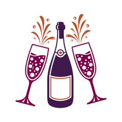 Stylized Champagne Toast Icon with Bottle and Flutes Champagne bottle and two flutes toasting stylized fizz bubbles © Warten Weg