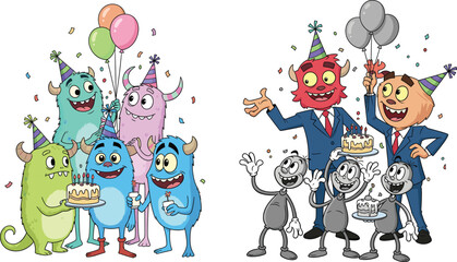 Naklejka premium Funny Cartoon Monsters Birthday Party Vector Set: Cute Creatures with Cake, Balloons, and Confetti.