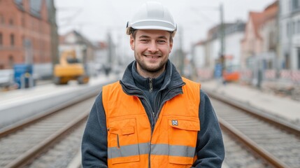 Smiling Construction Worker in Safety Gear Standing on Railway Track with Background of Construction Work in Progress and Urban Setting