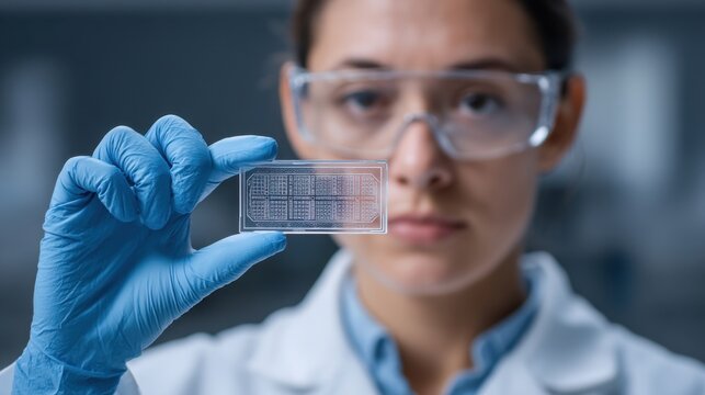 Scientist in Lab Holding Microscopic Slide, Wearing Safety Glasses and Gloves, Focused on Research and Innovation in Laboratory Environment