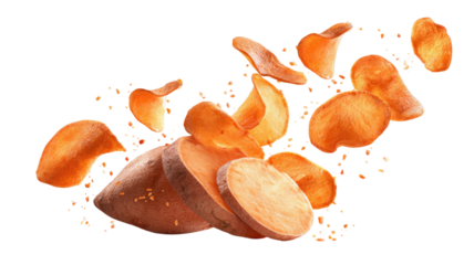 Sweet potato chips floating in air showing crispy orange snack with crunchy texture and savory flavor isolated on white background