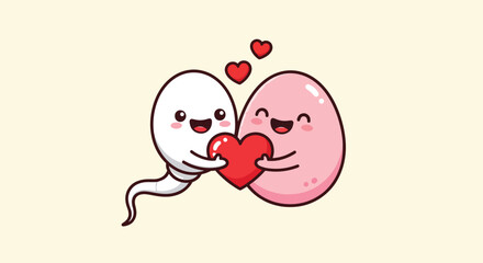 Cute Cartoon Sperm and Egg Embracing a Heart Symbol.