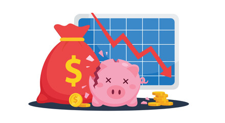 Dead piggy bank and money bag with falling stock market graph.