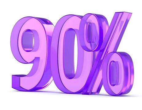 Three-dimensional, translucent, violet-hued numeric characters forming "90%" on a white backdrop, demonstrating a percentage or numerical value