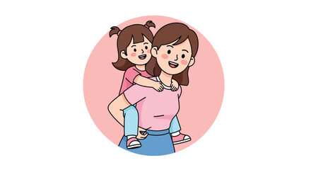 Happy Mother and Child Piggyback Ride Illustration.