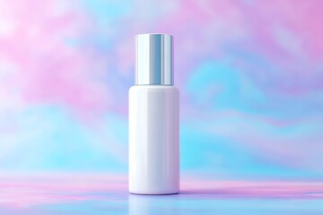 Glossy skincare container highlighted on bright fluid pastel abstract background