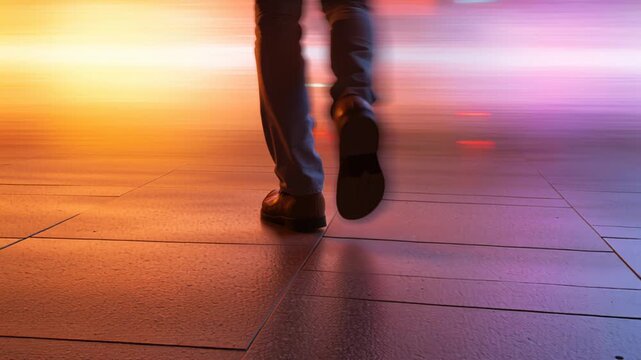 Soft glow illuminates footsteps on sleek floor, creating vibrant atmosphere filled with motion